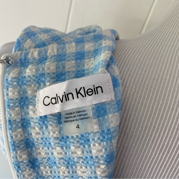 Calvin Kleins sleeveless dress with side pleated ruffle Sz 4 Blue White Gingham - Picture 9 of 15